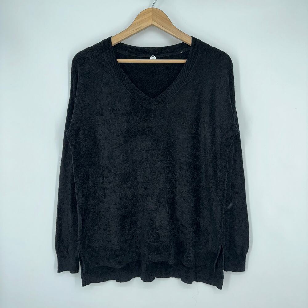 Margaret O’Leary Chenille V Neck Sweater Chunky Knit Pullover, Black